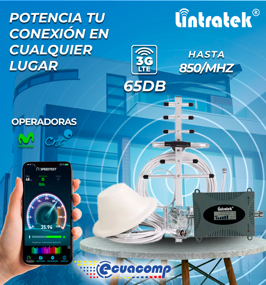 ECUACOMP_KIT AMPLIFICADOR SEÑAL CELULAR LINTRATEK KW16L-CDMA LCD BANDA