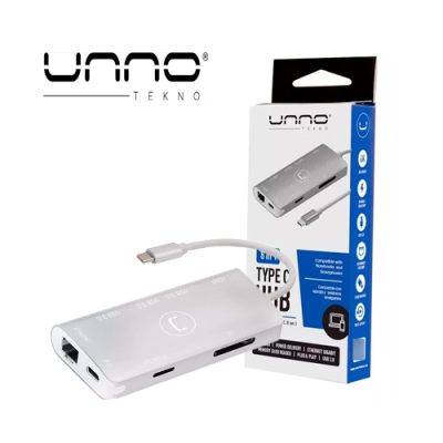 ADAPTADOR HUB UNNO 8 EN 1 USB-C A 3 USB 3.0 + RJ45 + SD + HDMI