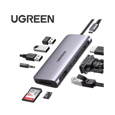 ADAPTADOR UGREEN 10 EN 1 USB-C A HDMI 4K, VGA, RJ45, 3XUSB 3.0, SD-CARD, USB-C Y AUDIO 3.5