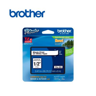 CINTA BROTHER TZE-231 NEGRO SOBRE BLANCO DE 12mm 8mts. PARA P-TOUCH, TZ Y TZe