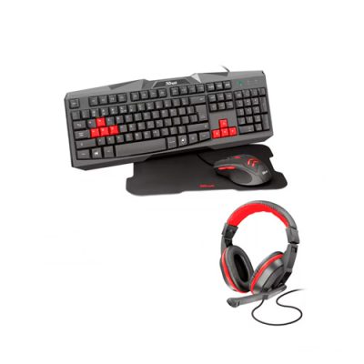 TECLADO + MOUSE + AUDIFONOS + PAD MOUSE KIT GAMER TRUST 22312 USB RGB LED