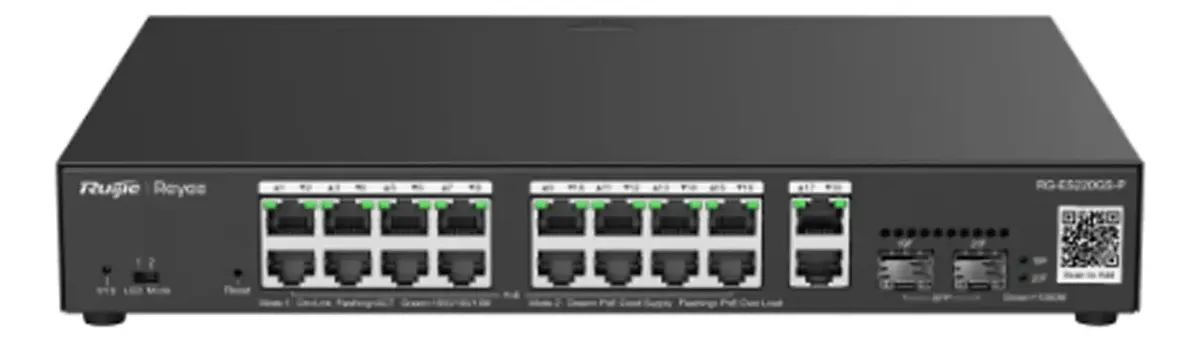 CLOUD SWITCH RUIJIE REYEE RG-ES220GS-P ADMINISTRABLE L2 DE 20 PUERTOS GIGABIT CON 16 PUERTOS PoE+ 250W + 2 PUERTOS SFP RACK