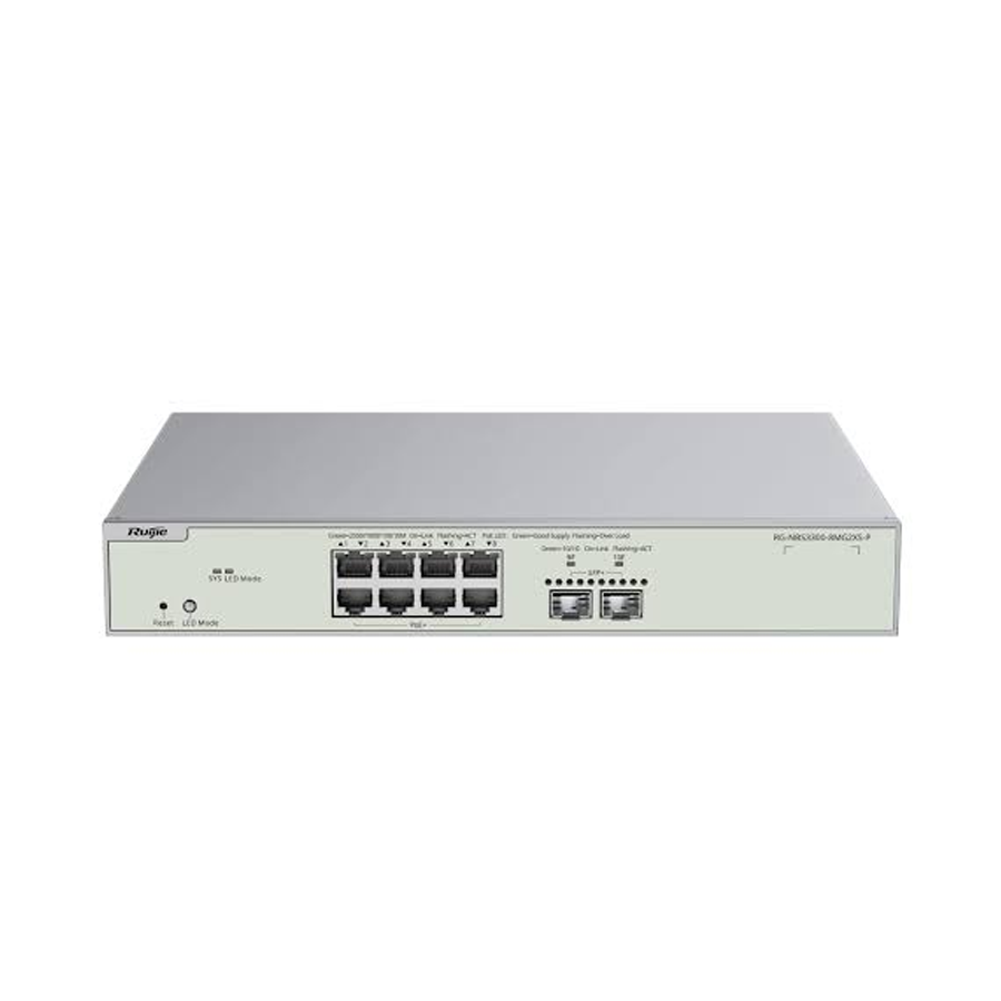 CLOUD SWITCH RUIJIE REYEE RG-NBS3300-8MG2XS-P ADMINISTRABLE L2 DE 8 PUERTOS 2.5GIGABIT POE+ 240W + 2 PUERTOS SFP+ RACKEABLE