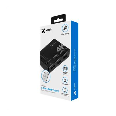 SWITCH SELECTOR DE VIDEO HDMI XTECH XHA-430 4K UHD DE 5 ENTRADAS 1 SALIDA METALICO + CONTROL REMOTO